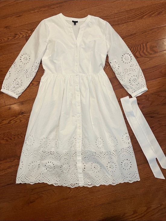 Talbots Dresses & Skirts - Talbots White V-Neck 3/4 Sleeve Eyelet Trim Belted Midi Shirt Dress, Women's 8